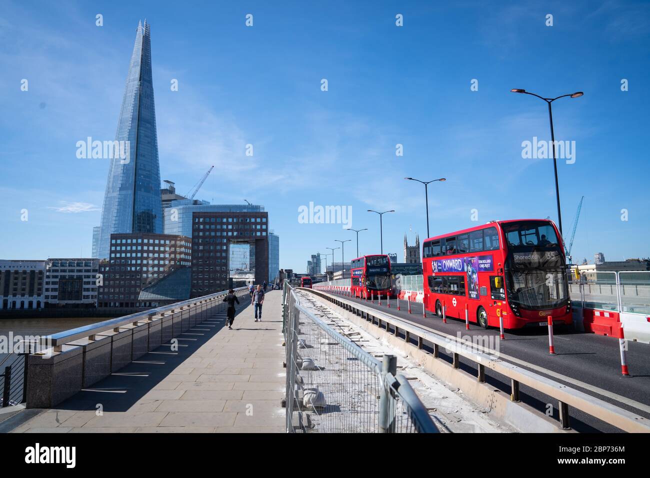 General view of roadworks on London Bridge, London, after the introduction of measures to bring the country out of lockdown. Stock Photo
