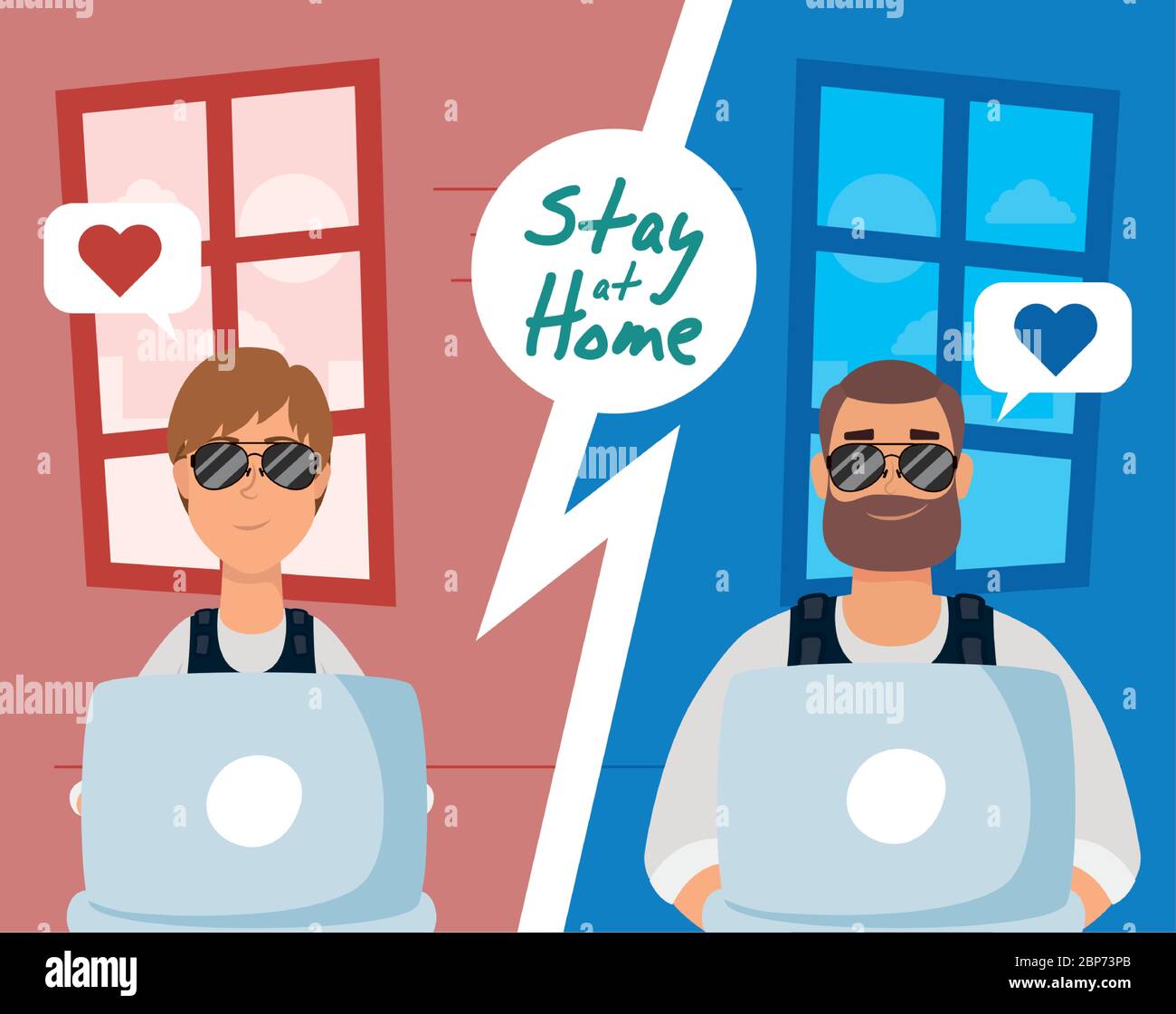 couple using laptops to communicate and stay home Stock Vector