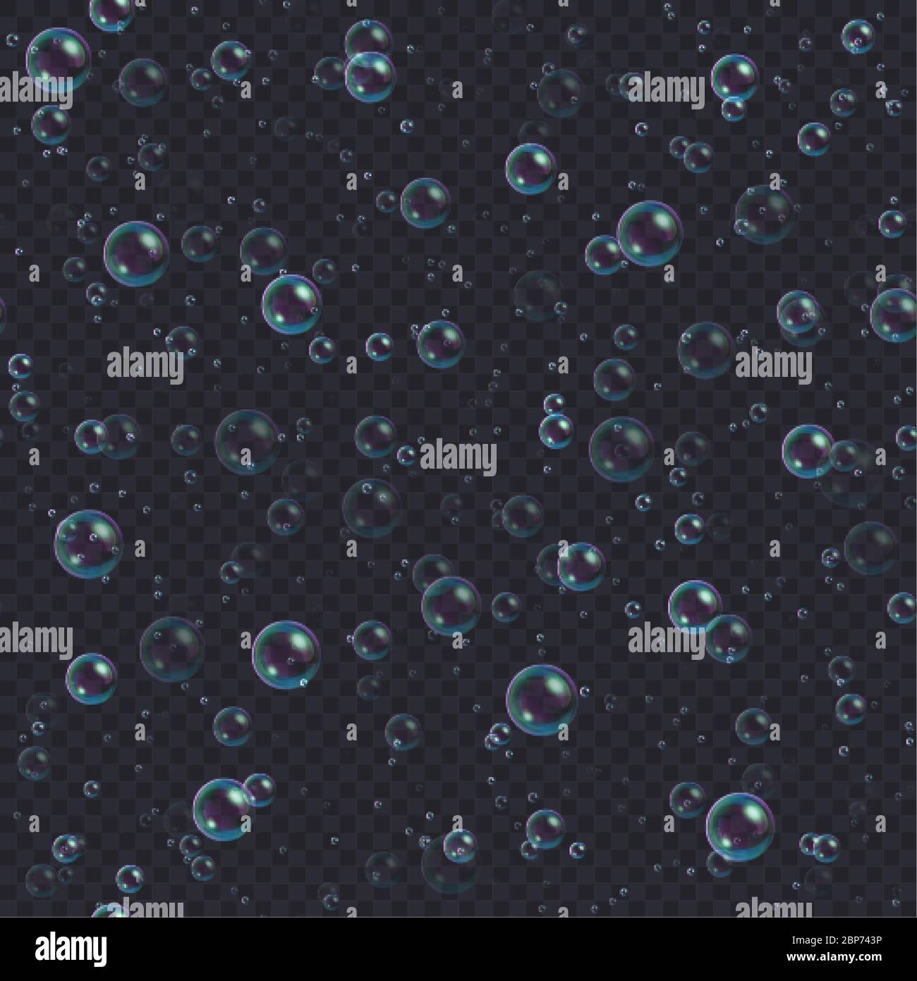 Soap bubbles seamless background. Abstract floating shampoo, bath lather pattern. Stock Vector