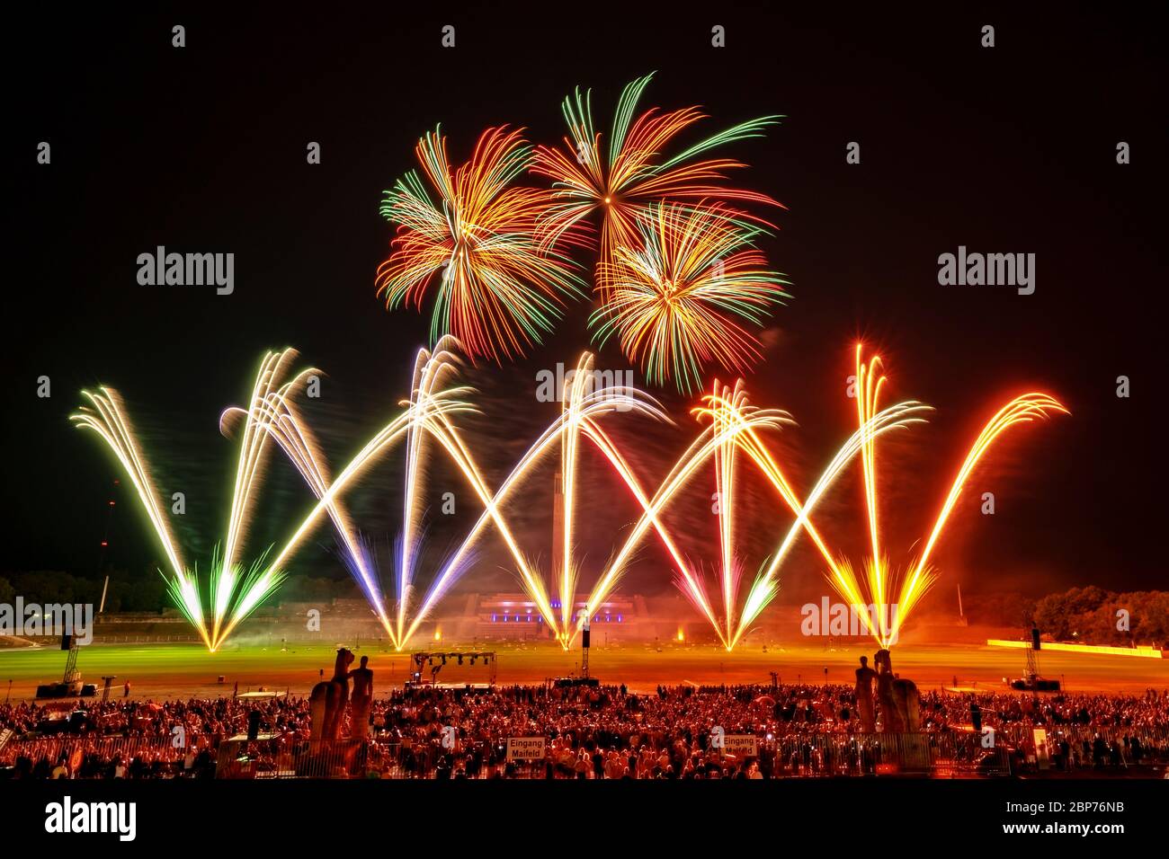 Pyro Events (RumÃ¤nien), Fireworks at the highest level, showdown of the Koenigsklasse at the Pyronale 2019 on the Maifeld in front of the Berlin Olympic Stadium. Stock Photo