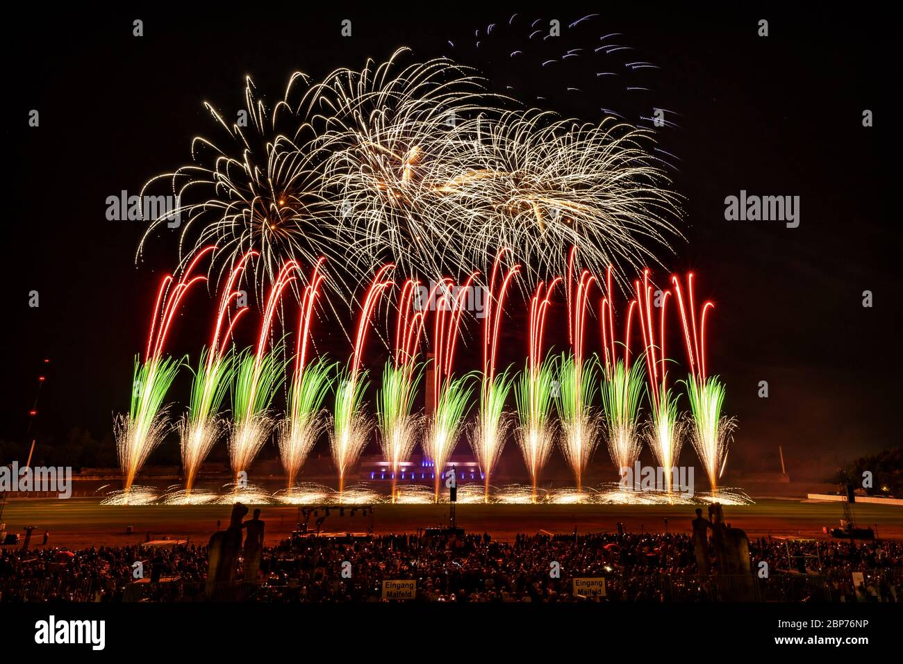 Pyro Events (RumÃ¤nien), Fireworks at the highest level, showdown of the Koenigsklasse at the Pyronale 2019 on the Maifeld in front of the Berlin Olympic Stadium. Stock Photo