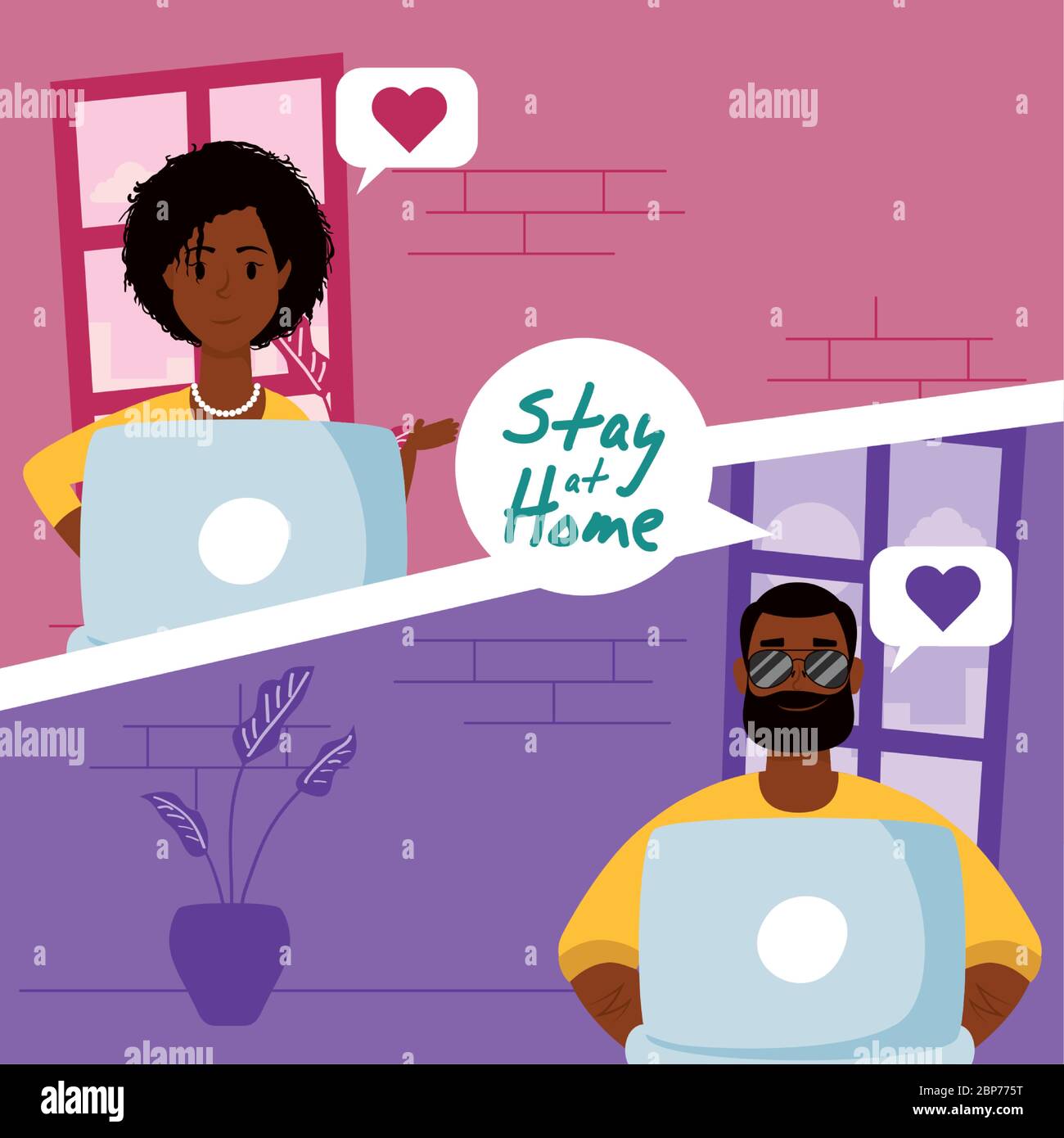 afro couple using laptops to communicate and stay home Stock Vector