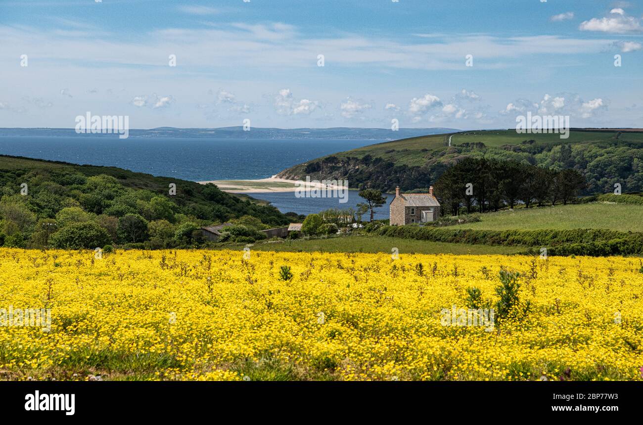 Porthleven Cornwall, Penrose is a mixture of rich farmland and woodland around Cornwall's largest natural lake, Loe Pool.Loe bar Penrose Cornwall Stock Photo