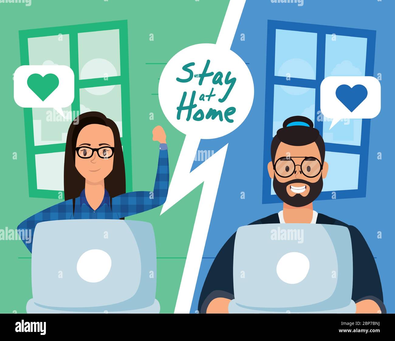 couple using laptops to communicate and stay home Stock Vector