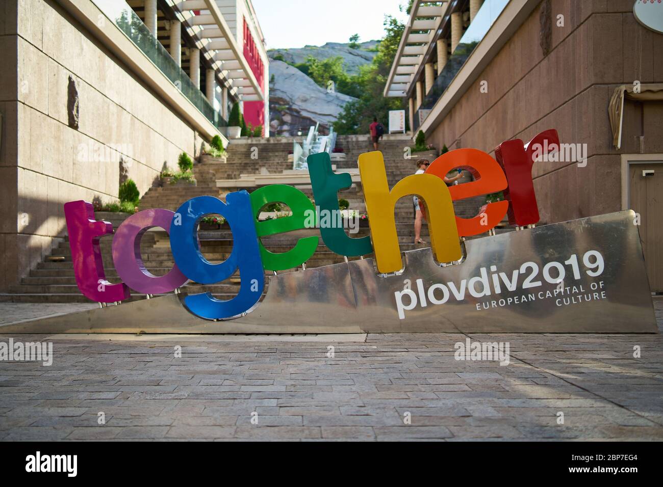 PLOVDIV, BULGARIA - JULY 02, 2019: The symbol 'together' is the European Union's cultural initiative. Plovdiv is the first Bulgarian city chosen to be European Capital of Culture. Stock Photo