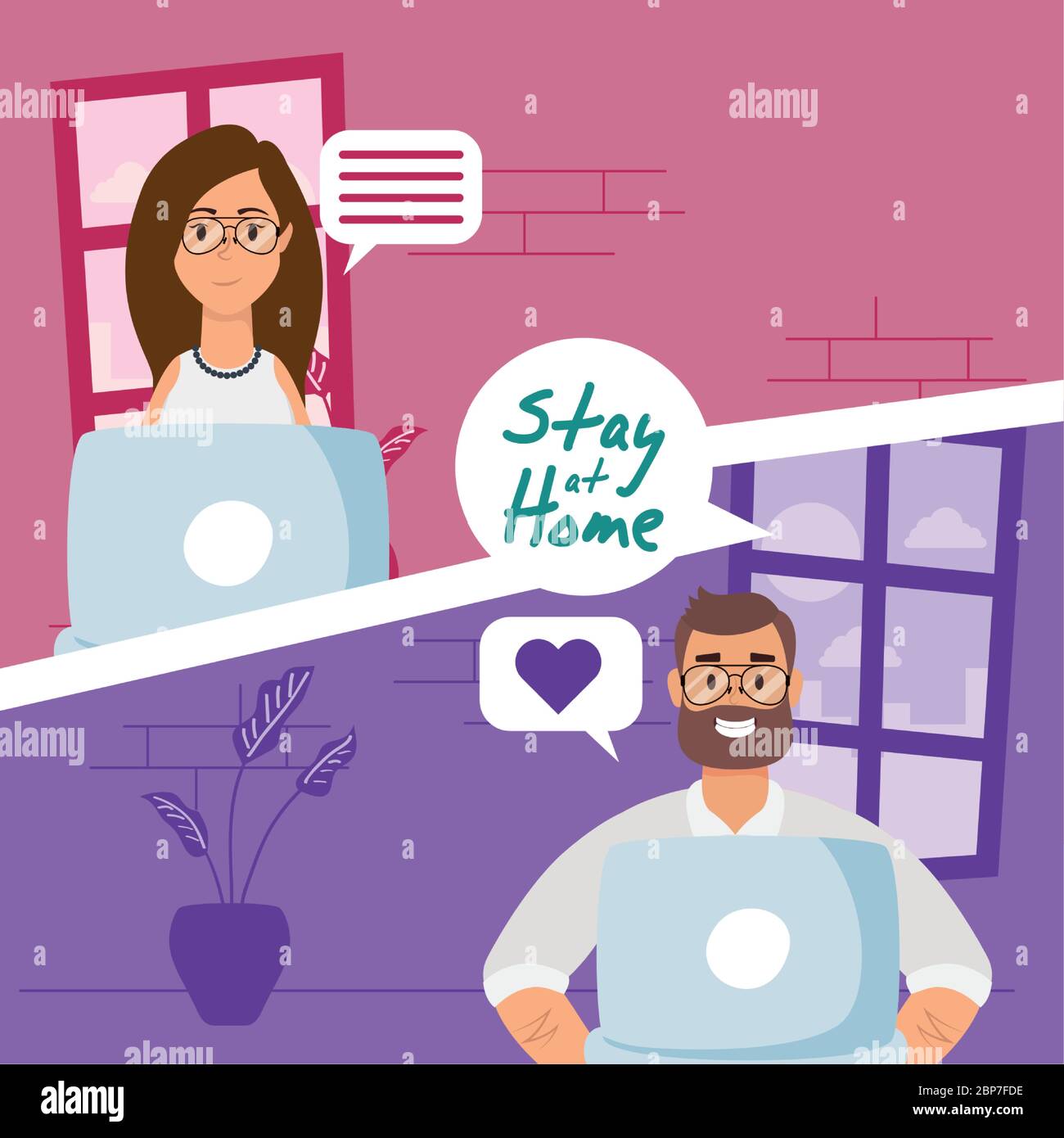 couple using laptops to communicate and stay home Stock Vector