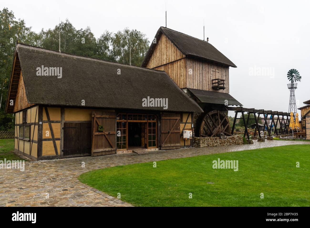 SCHWARZKOLLM, GERMANY - OCTOBER 10, 2019: Water mill and area around from the legend of Koselbruch Krabat-Muhle (The Satanic Mill). Krabat is a character in Sorbian folklore. Stock Photo