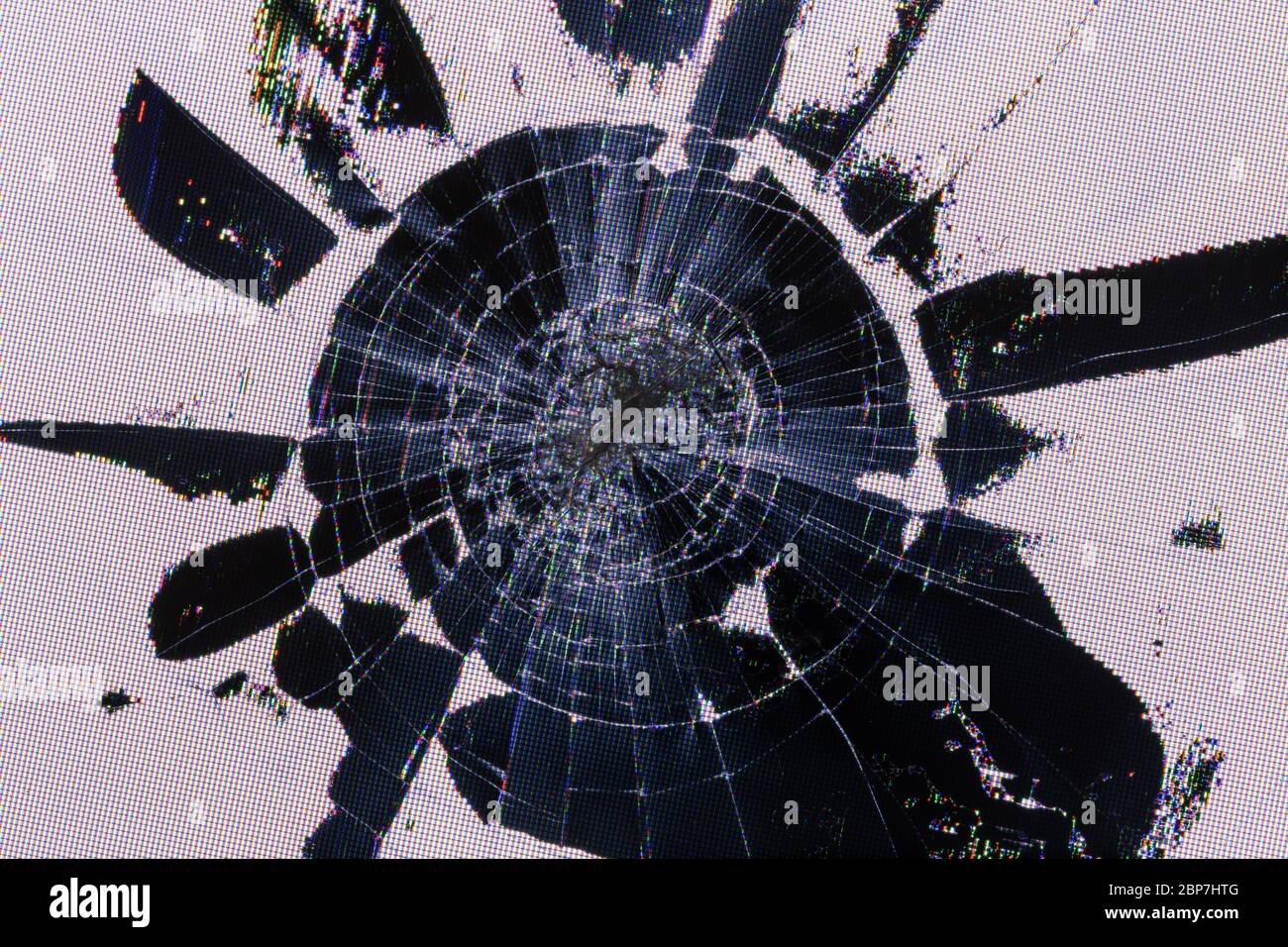 Impact damage on lcd screen, radial cracks, pixel grid leakage and