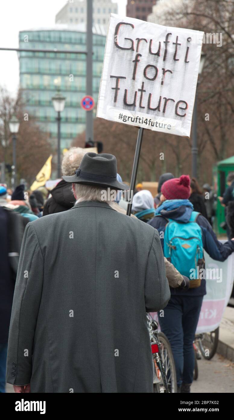 Old Man at the demonstration Fridays for future in Berlin with watchword 'Grufti for Future', November 29, 2019 Stock Photo