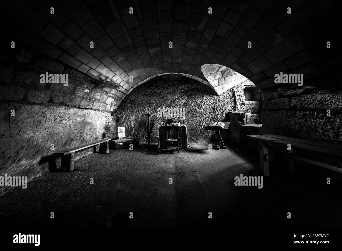 OYBIN, GERMANY - OCTOBER 10, 2019: The monastery cell in the ruins of Burg Oybin, founded as Celestines monastery in 1369 in the Zittau Mountains on the border of Germany (Saxony) with the Czech Republic. Black and white. Stock Photo