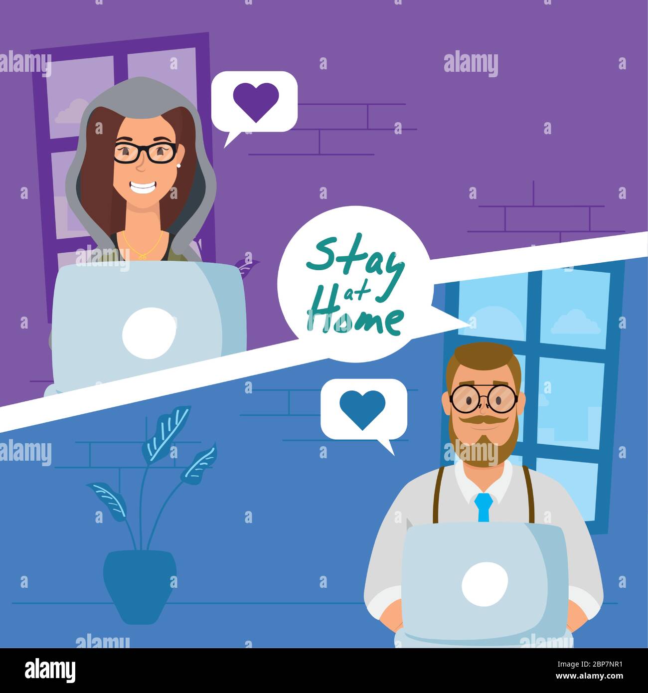 couple using laptops to communicate and stay home Stock Vector