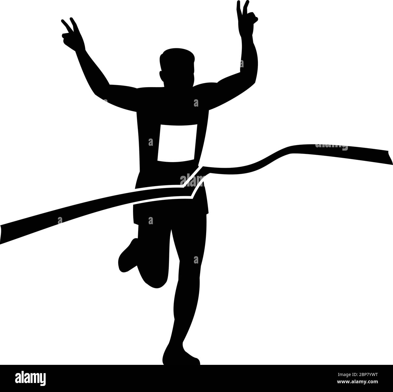 Retro style illustration of a silhouette of victorious marathon runner flashing victory hand sign while finishing at finish line ribbon tape in black Stock Vector