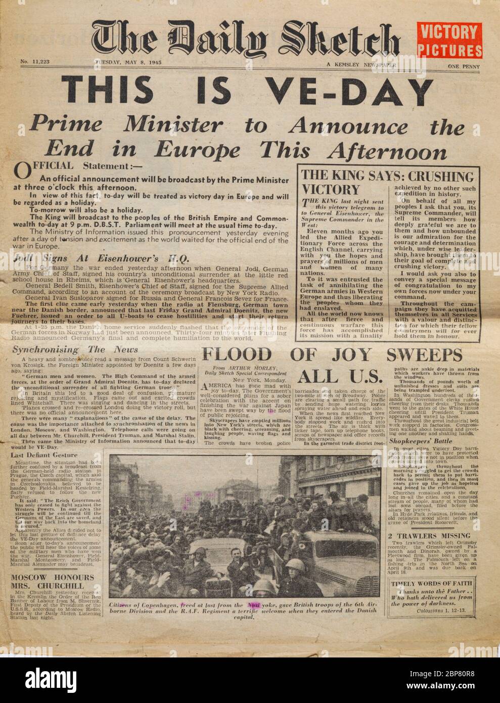 The Daily Sketch newspaper announcing Victory in Europe Day, VE day, dated Tuesday 8 May 1945. A Kemsley newspaper, priced 1d. One penny. Stock Photo