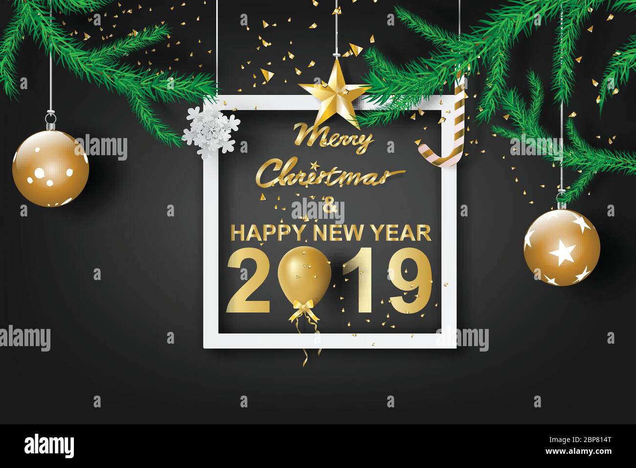 Paper art of merry Christmas and happy new year 2019 with dark black tone color background.Design for greeting cards gift.Graphic paper cut and craft Stock Vector