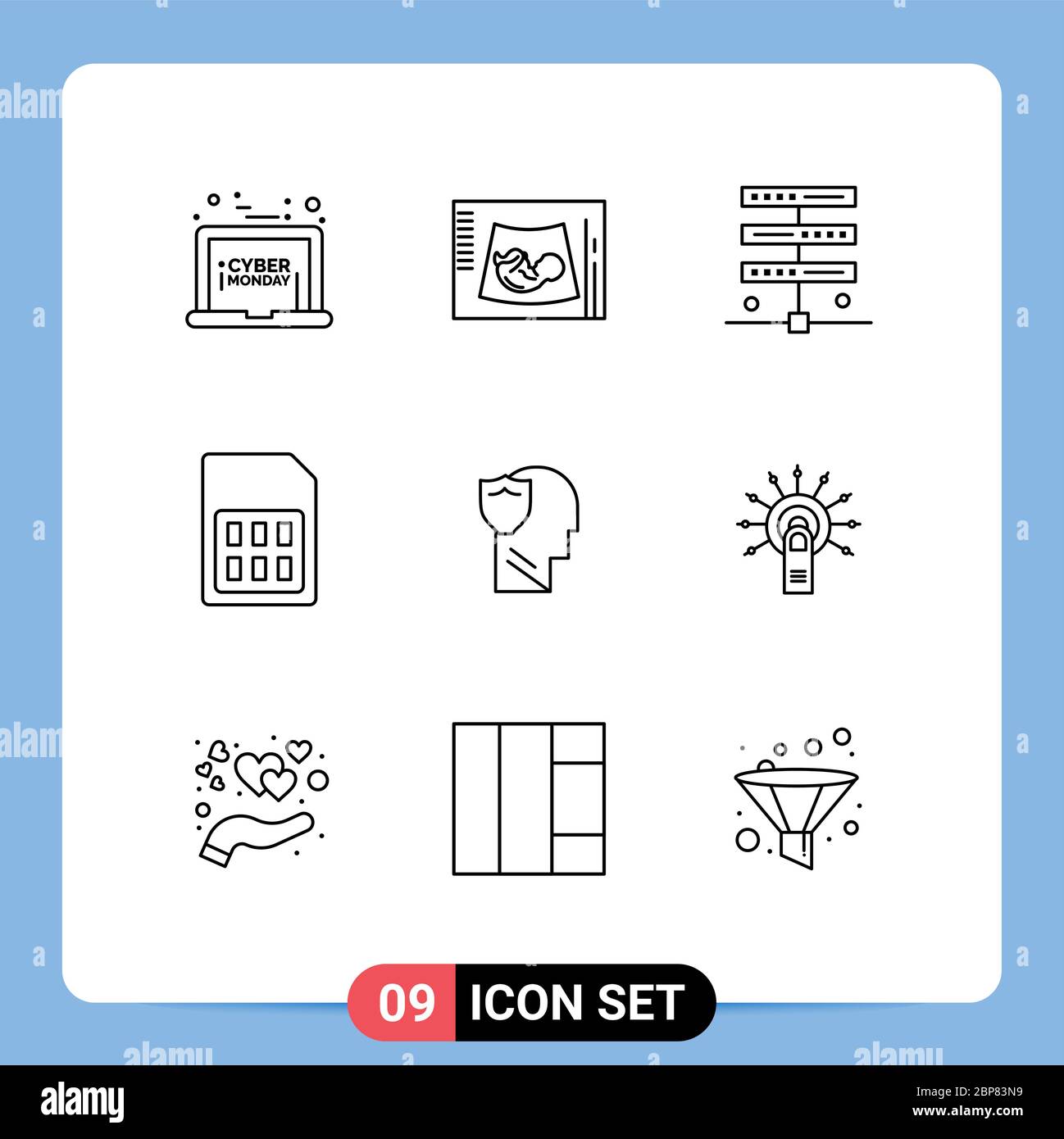 Universal Icon Symbols Group of 9 Modern Outlines of sim card, phone, ultrasound, mobile, server Editable Vector Design Elements Stock Vector