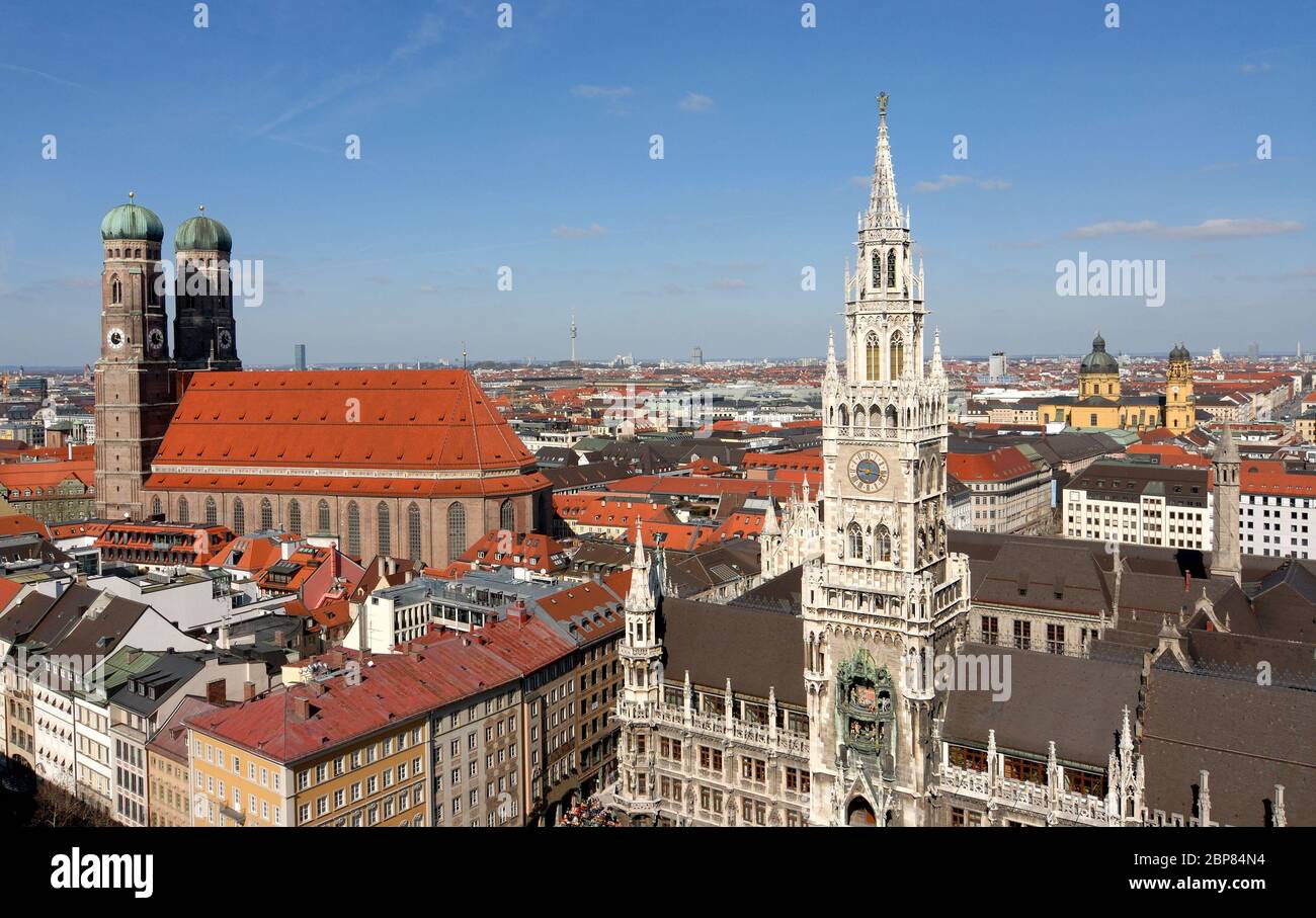 Munich, Bavaria, Germany, View from St. Peter, New Town Hall, New Gothic, Historicism, Splendor Building, Cathedral to Our Lady, Woman Church Stock Photo