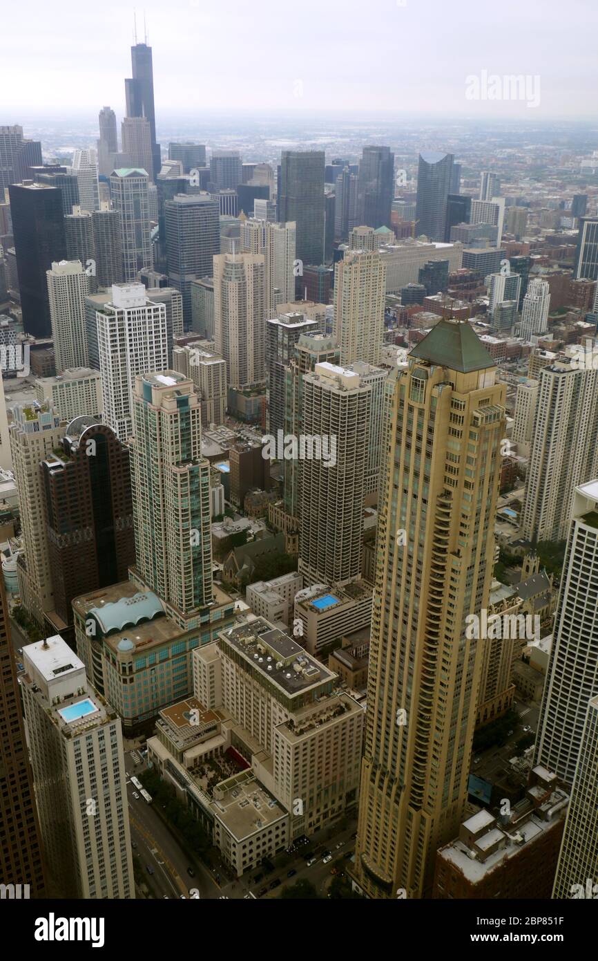 Aerial view of Chicago IL as seen from the Willis tower (formerly Sears tower) observation deck. Stock Photo