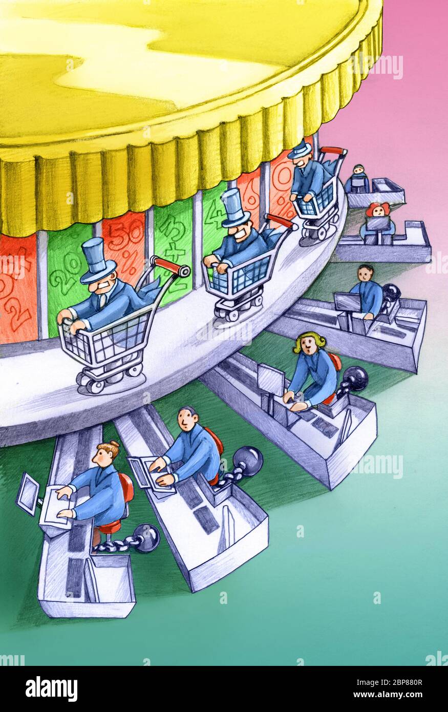 carousel with rich people riding shopping carts is spun by cash workers chained to the crates Stock Photo