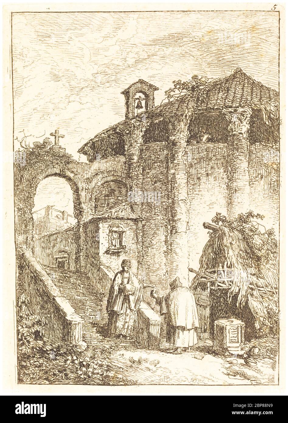 Hubert Robert, The Ancient Temple, etching, 1763-1764 Stock Photo
