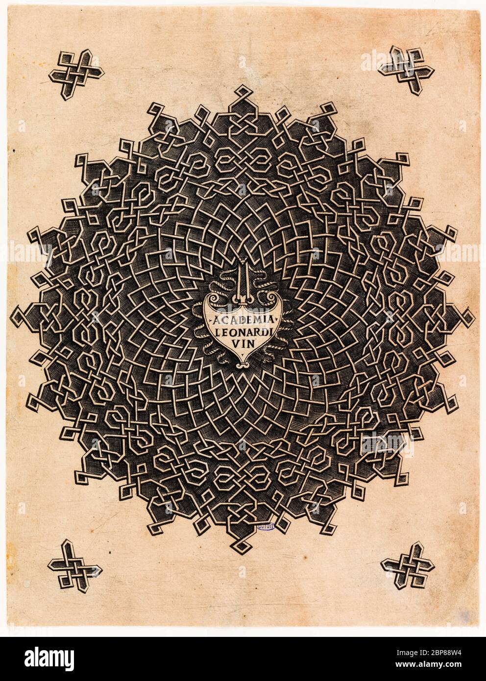 Leonardo Da Vinci  (unknown engraver), Labyrinth: geometric knots forming a pattern, woodblock print, 1490-1500 Stock Photo