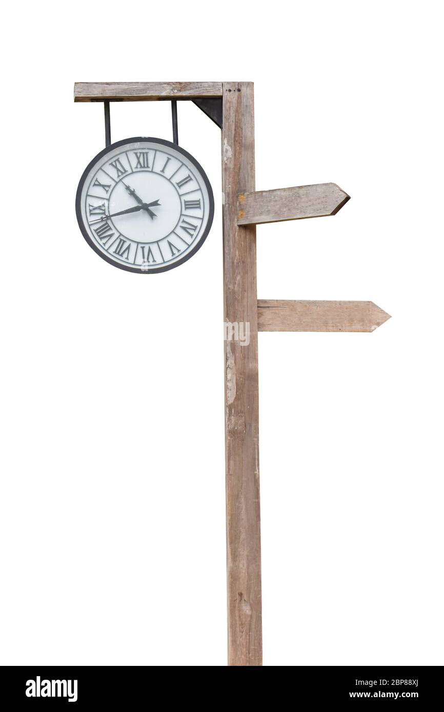 Wood sign and clock hang on the pillars isolated on white background ...