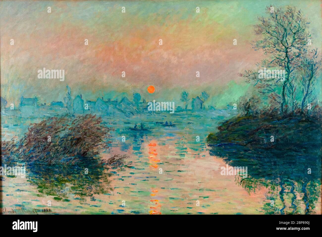 Claude Monet, Setting sun on the Seine at Lavacourt: Winter effect, landscape painting, 1880 Stock Photo