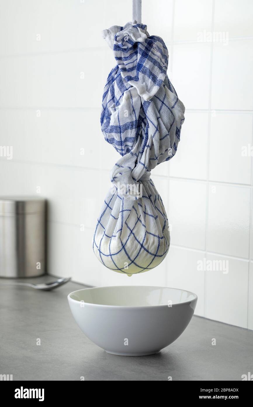 Homemade strained yogurt hanging in a cloth in the kitchen Stock Photo