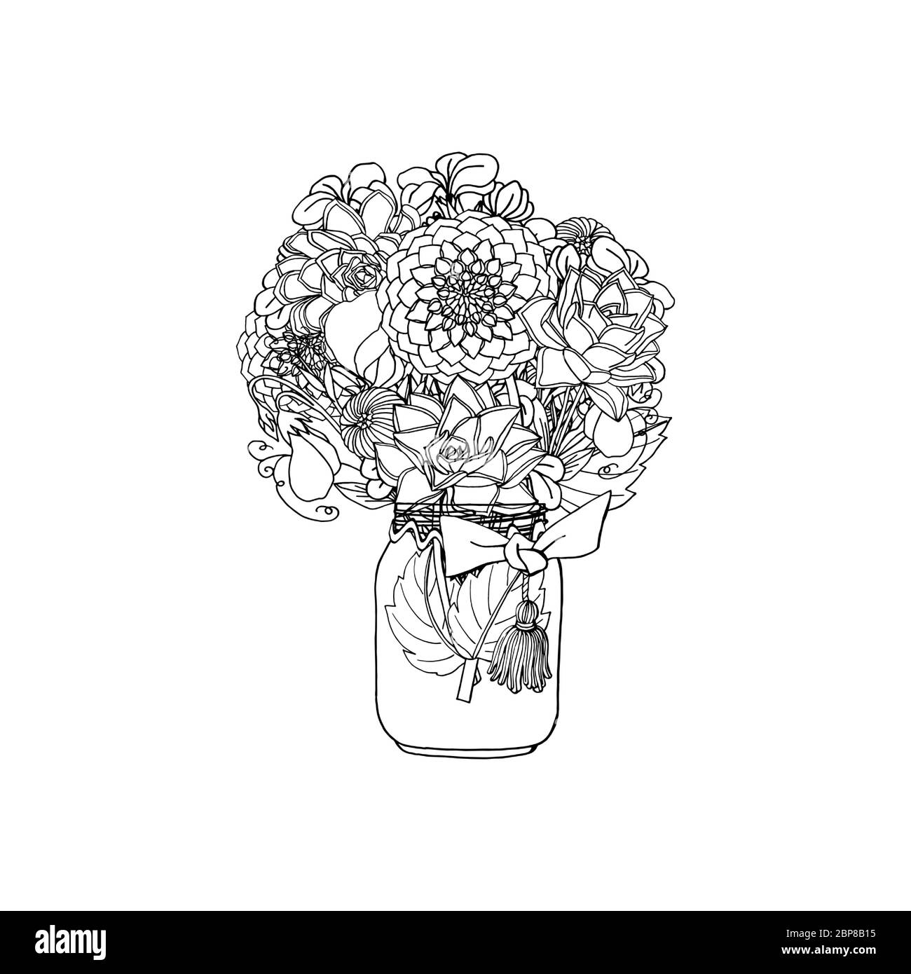 Hand drawn doodle style bouquet of different flowers, succulent, peony, dahlia, stock flower, sweet pea Stock Vector