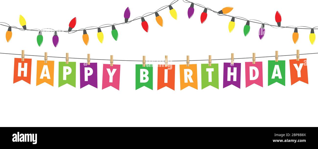 happy birthday party flags banner with fairy lights on white background