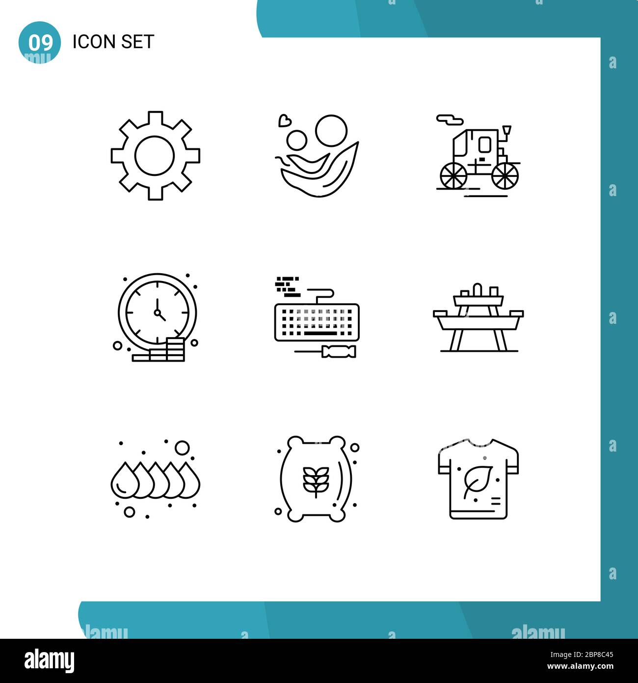 9 Universal Outline Signs Symbols of keyboard, time, horse drawn