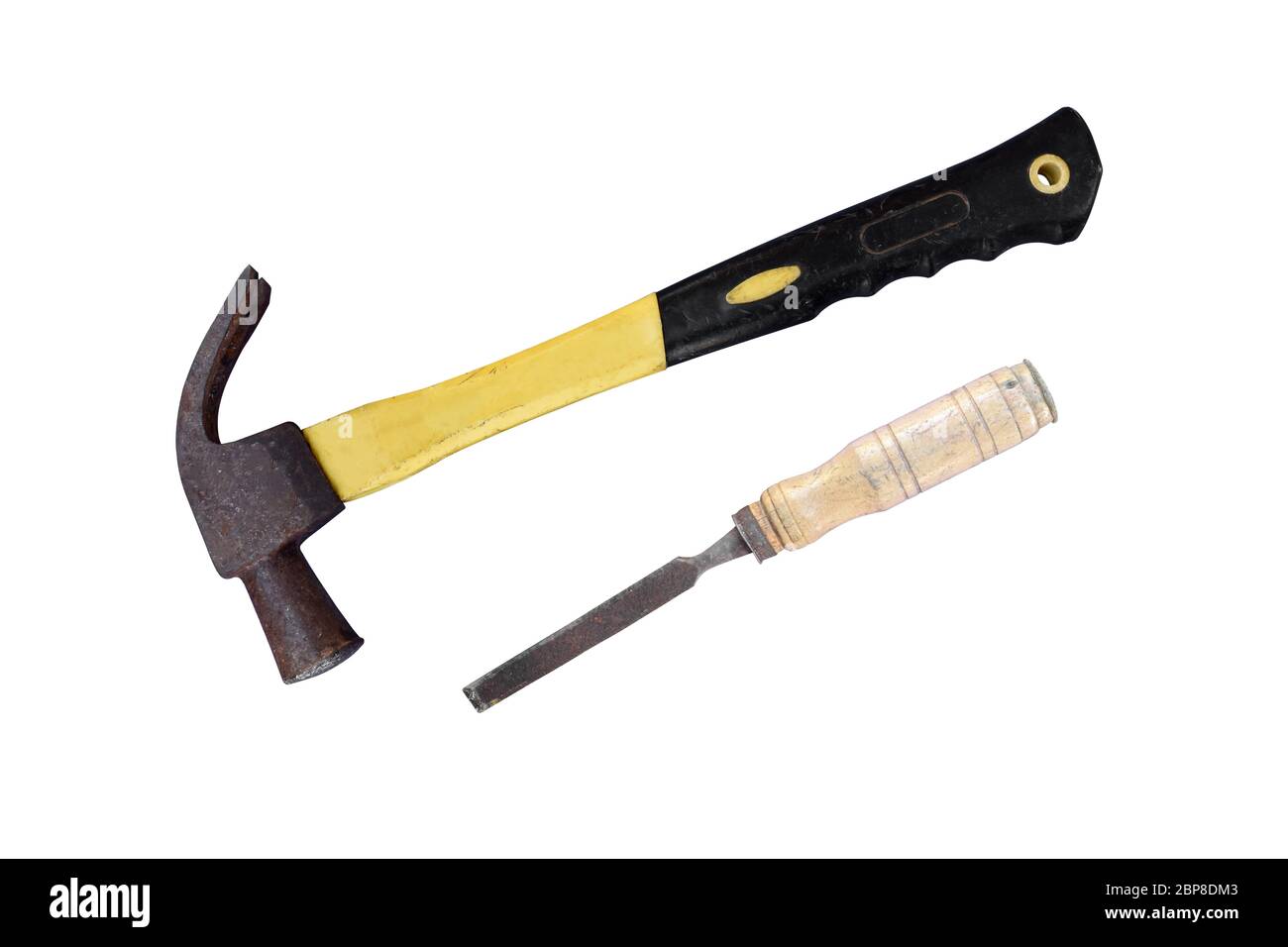 Old hammer and chisel with rusty isolated on white background. object with clipping path. Stock Photo