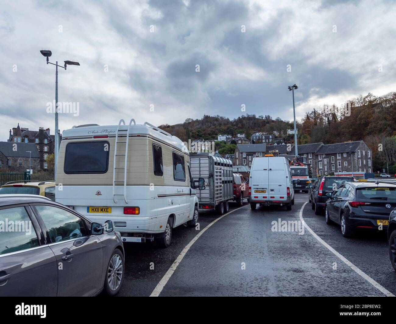 Vehicles waiting for the ferry to Mull, Calmac terminal, Oban, Argyll and Bute, Scotland Stock Photo