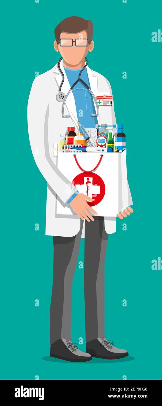 Modern male pharmacist with pharmacy bag. Medicine pills capsules ...