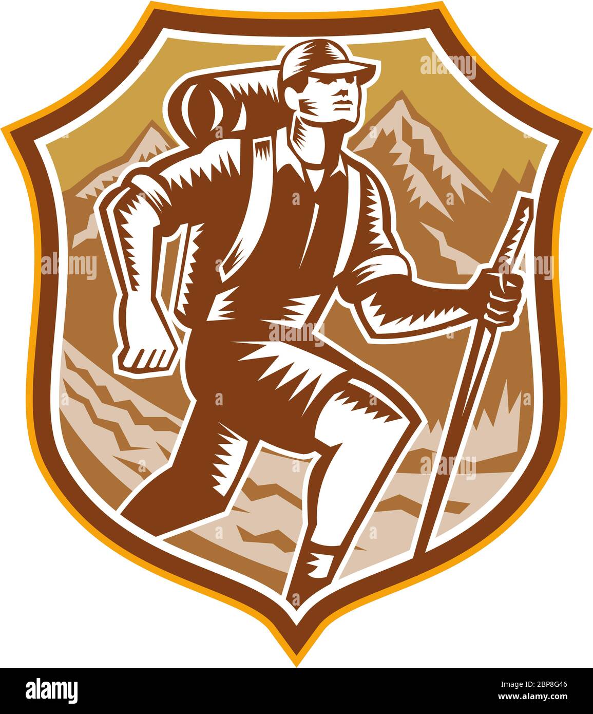 Illustration of a male hiker hiking walking holding staff with river and mountains in background set inside shield crest done in retro woodcut style. Stock Photo