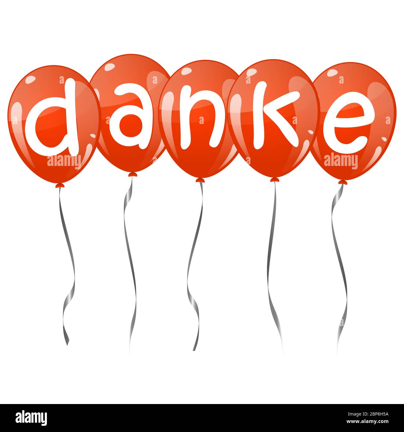 five flying balloons red colored with text DANKE Stock Photo