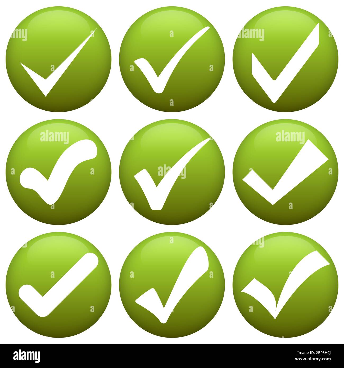 collection of nine different green check marks Stock Photo