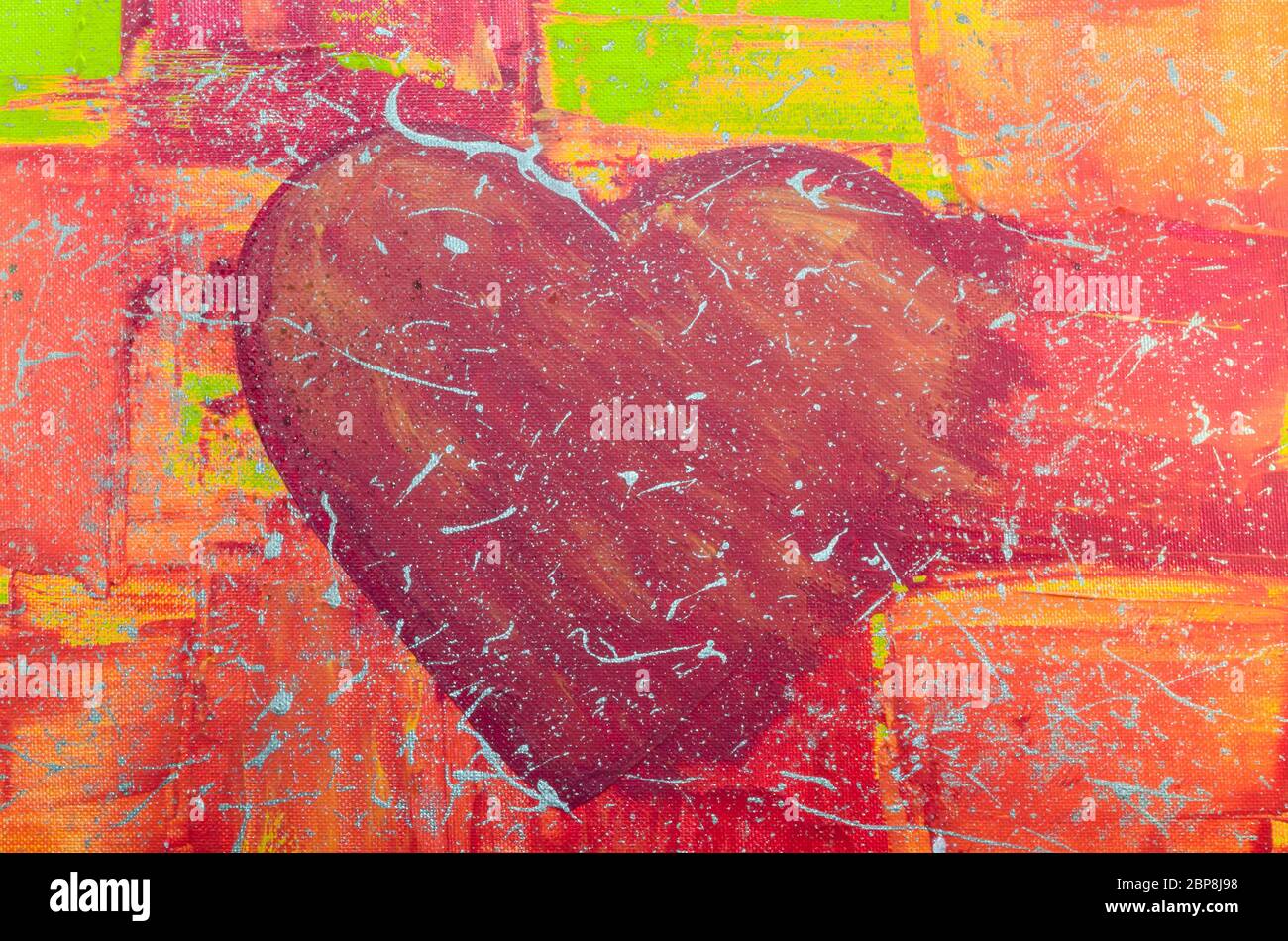 Acrylmalerei von unserer Tochter. Handgemaltes  großes rote Herz mit bunten Hintergrund. Stock Photo