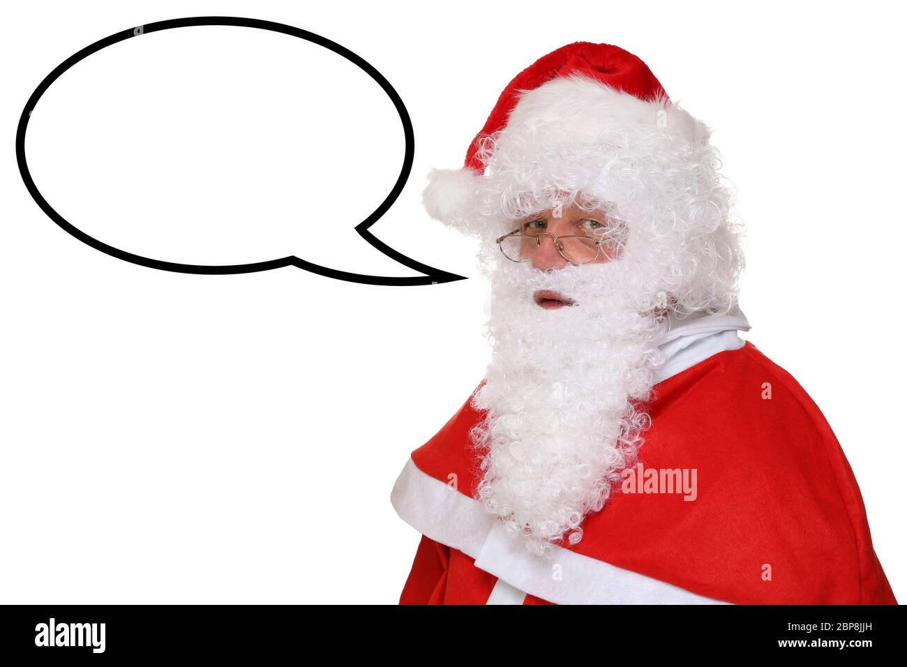 Weihnachtsmann Nikolaus Weihnachten beim sprechen mit Sprechblase und Textfreiraum Freisteller Stock Photo
