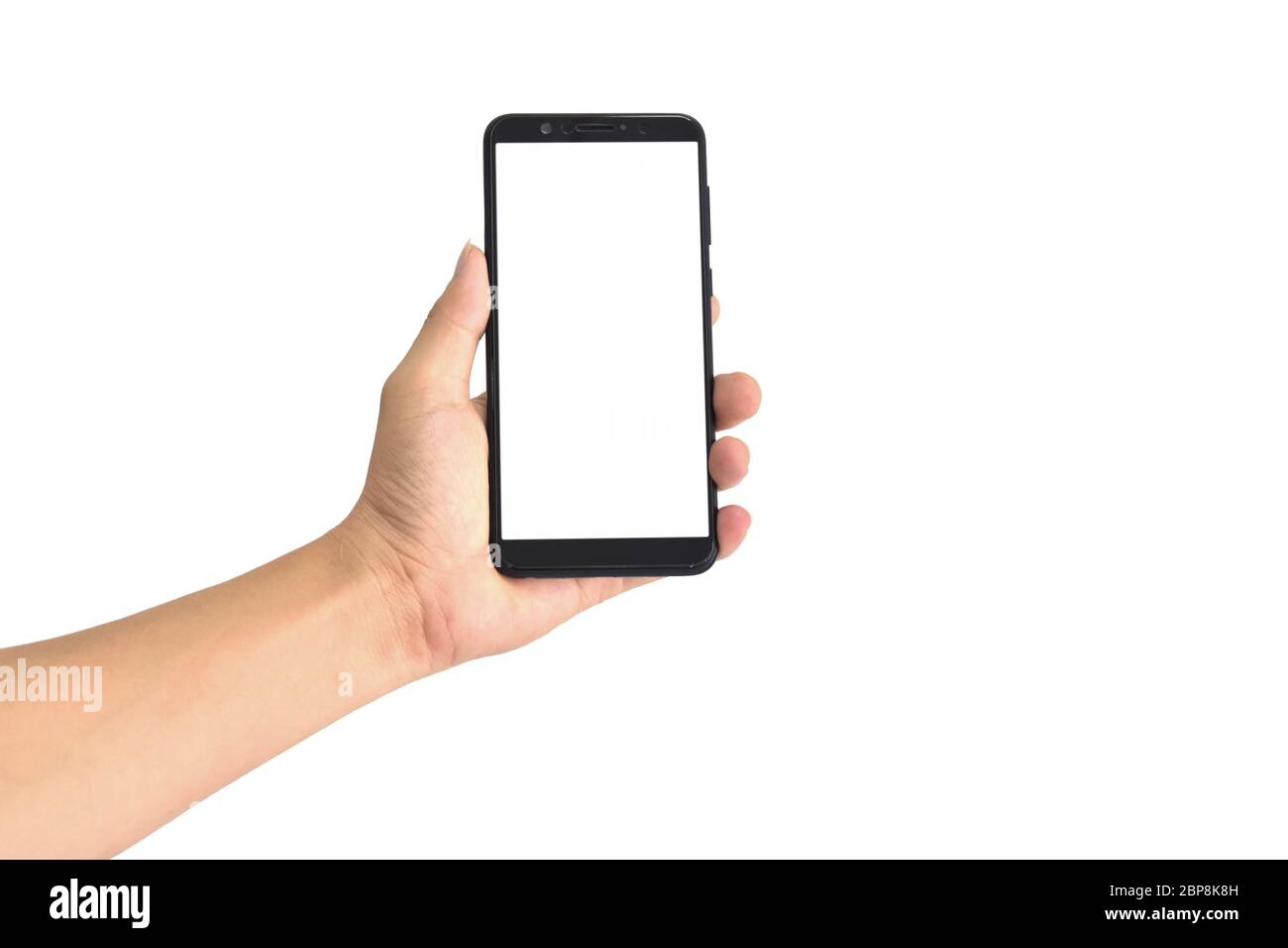 Hand holding black smartphone with blank screen, isolated on white ...