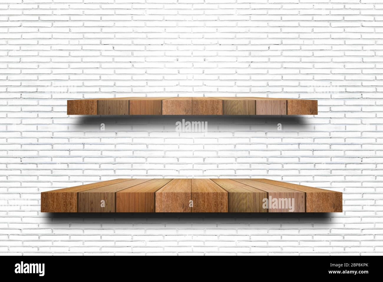 Empty wooden shelf on old white brick wall texture. For display products Stock Photo Alamy