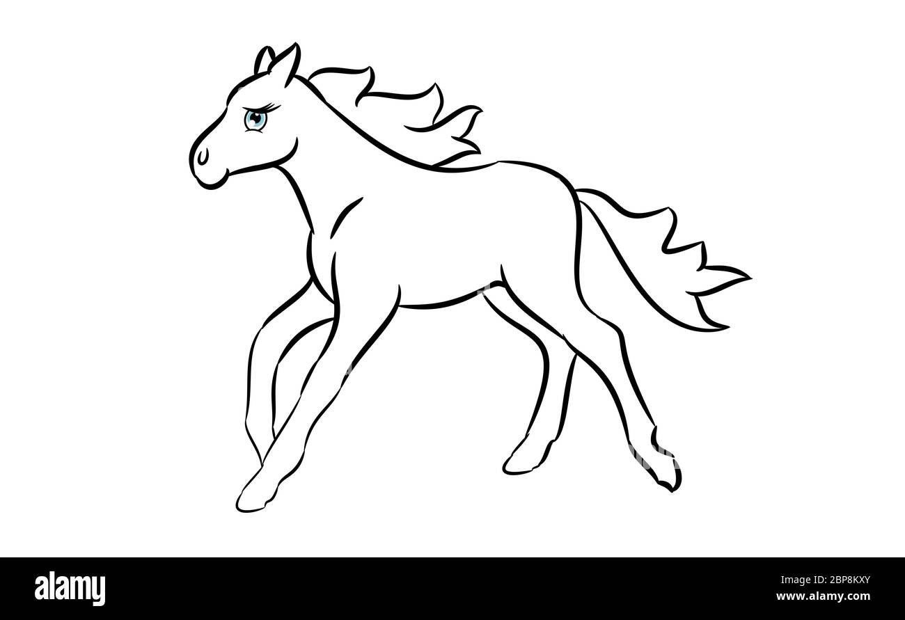 Cute horse cartoon line drawing on a white background Stock Photo - Alamy