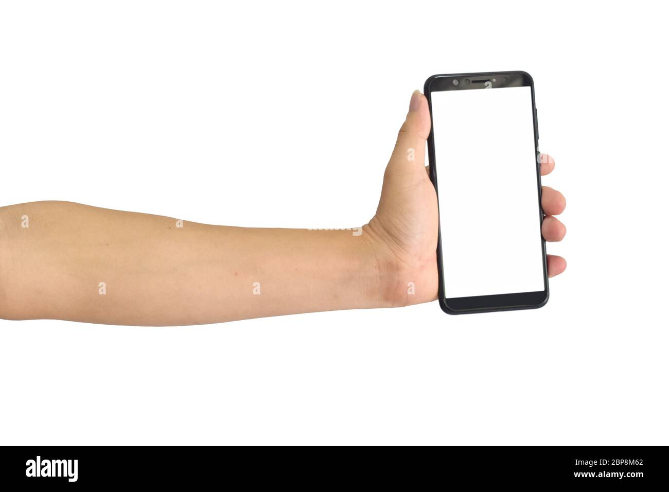 Hand holding black smartphone with blank screen, isolated on white ...