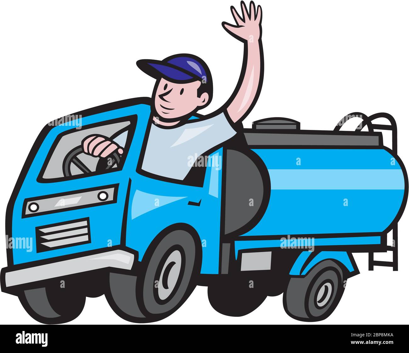 Illustration of a 4 wheeler baby tanker truck petrol tanker with driver waving hello on isolated white background done in cartoon style. Stock Photo