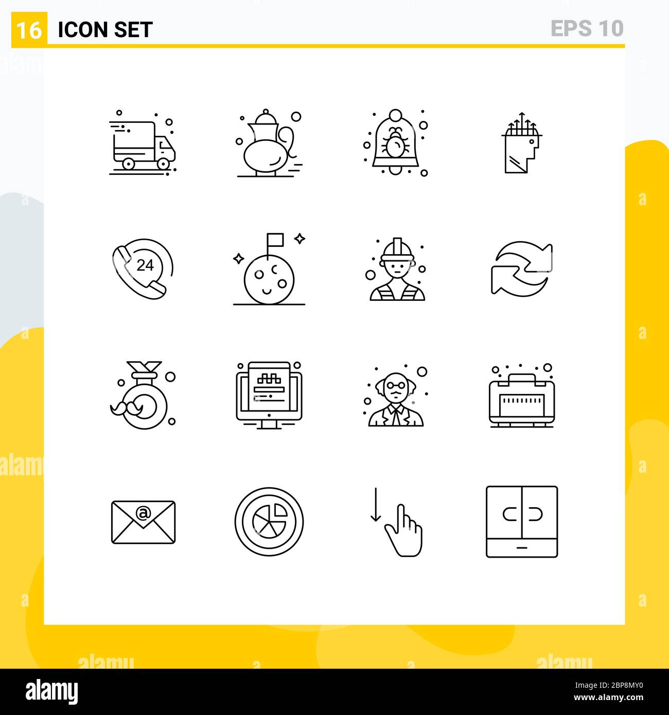 Group of 16 Modern Outlines Set for call, data, bug, hypnosis, security Editable Vector Design Elements Stock Vector