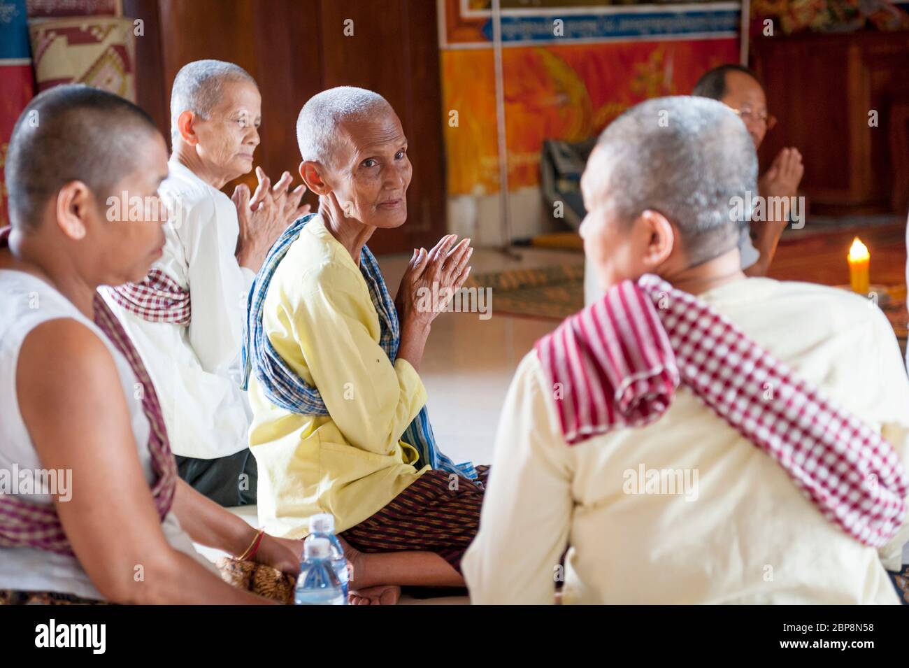 Prayers in a Temple. Silk Island, Phnom Penh, Cambodia, Southeast Asia Stock Photo