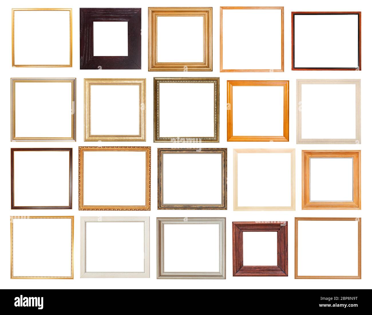 set of square wooden picture frames with cut out canvas isolated on