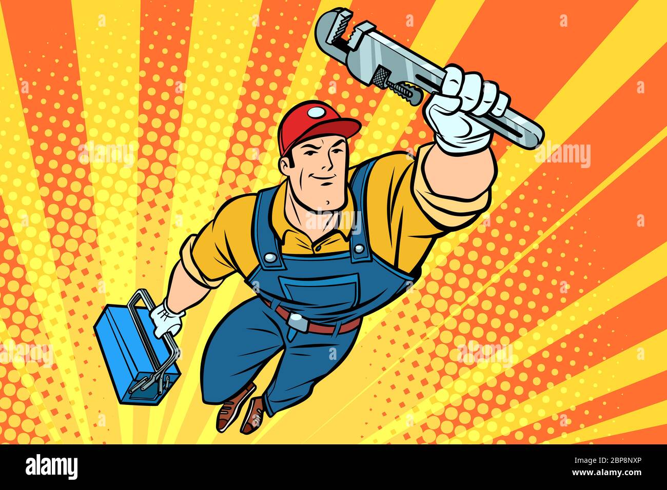 Male superhero plumber with a wrench. Hand drawn illustration cartoon pop art retro vector style Stock Photo