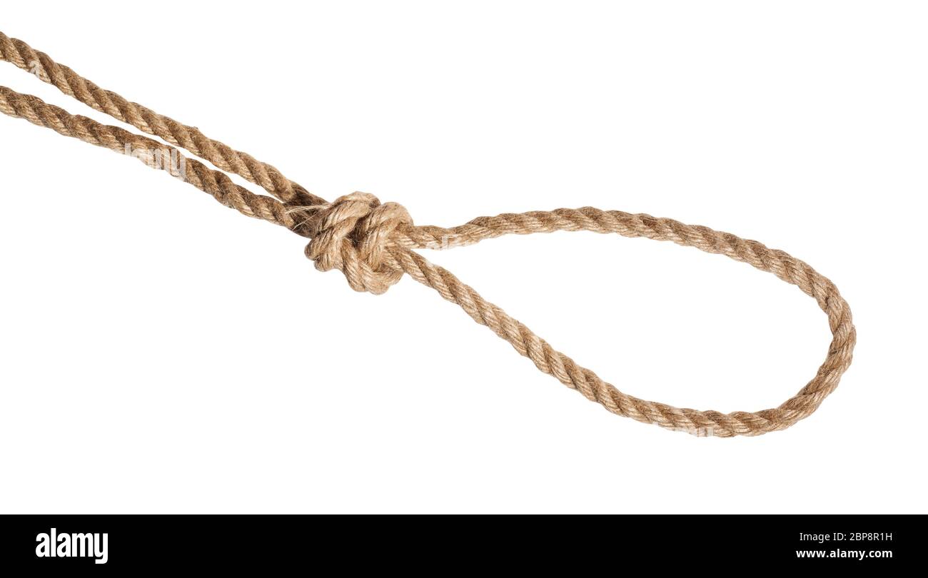 strangle snare knot tied on thick jute rope isolated on white background Stock Photo