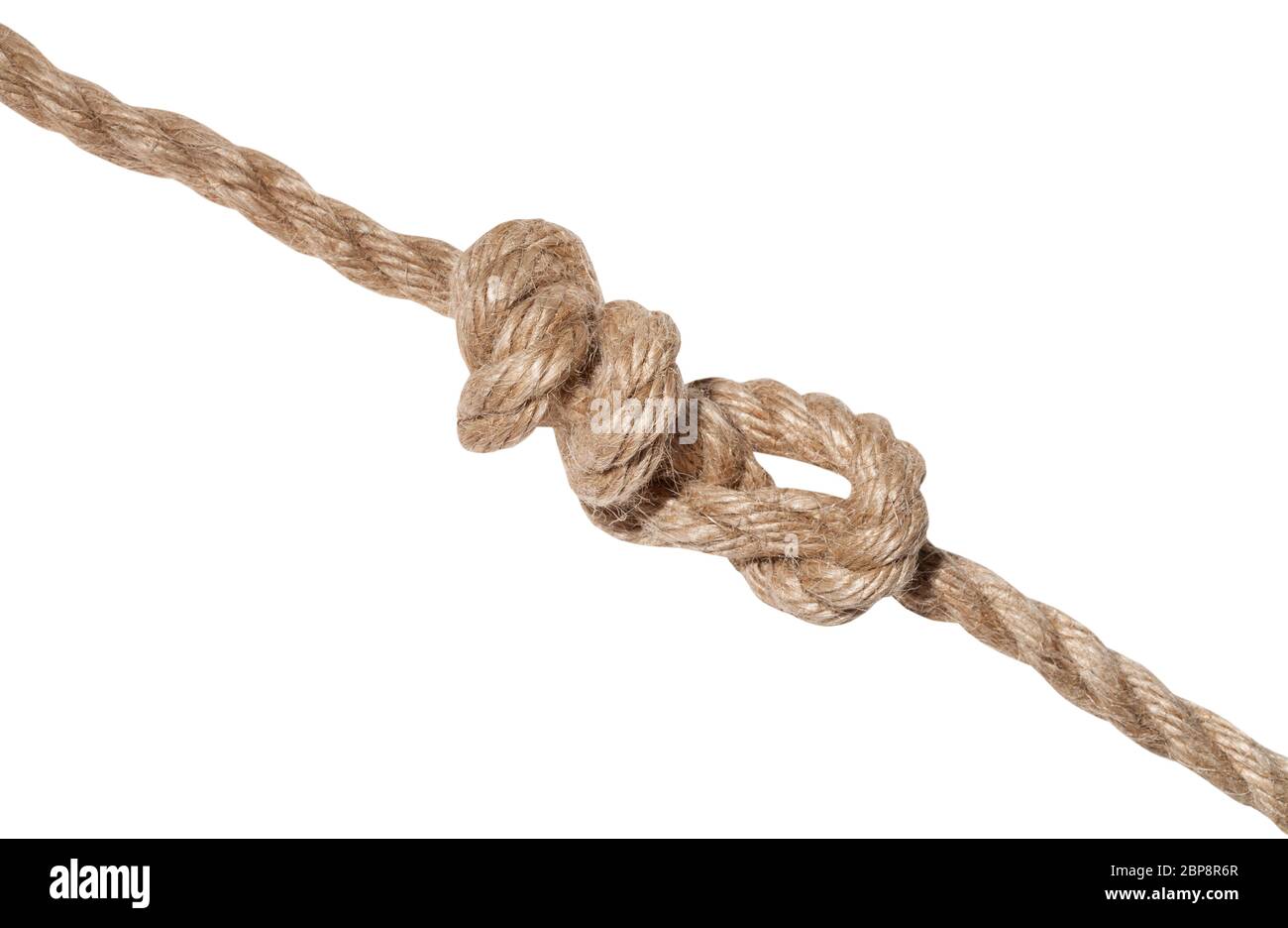 another side of stevedore knot tied on thick jute rope isolated on white background Stock Photo