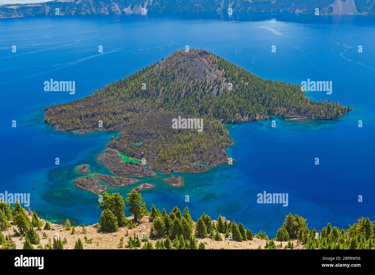 Aerial View from the Watchman of a the Volcanic Cone Wizard Island in a Caldera of Crater Lake in Oregon Stock Photo